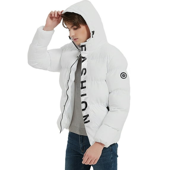 SEARIPE Men's Down Jacket Coat Solid Hooded Letter Printing Insulated Jacket with Pocket White S