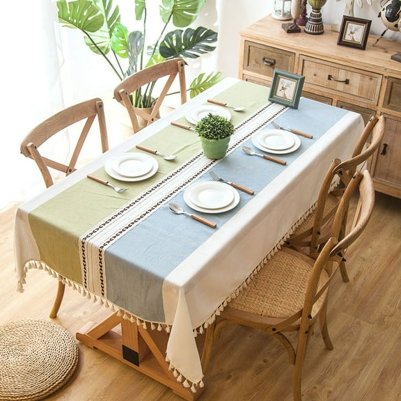 SEARIPE Rectangle Cotton Linen Tablecloth with Tassels, Color Block Dust-Proof Tablecloth for Table Decoration Kitchen Dinning Party Blue Green 55" x 79"