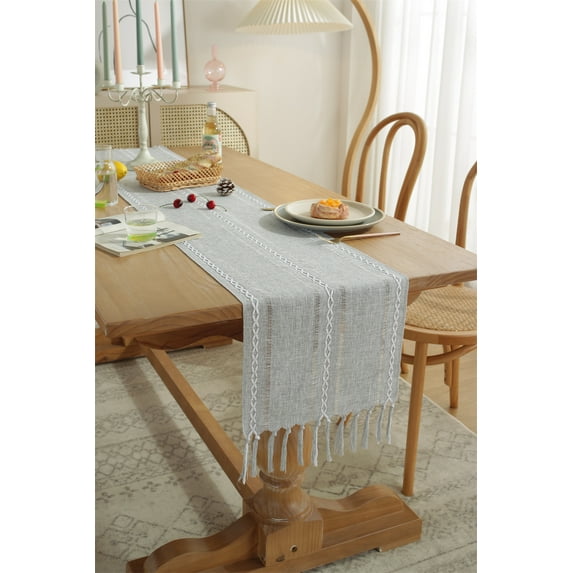 SEARIPE Rustic Table Runner with Tassels, Cotton Linen Boho Table Runner for Party Dining Home Decor Farmhouse Table Runners Gray 13"x90"