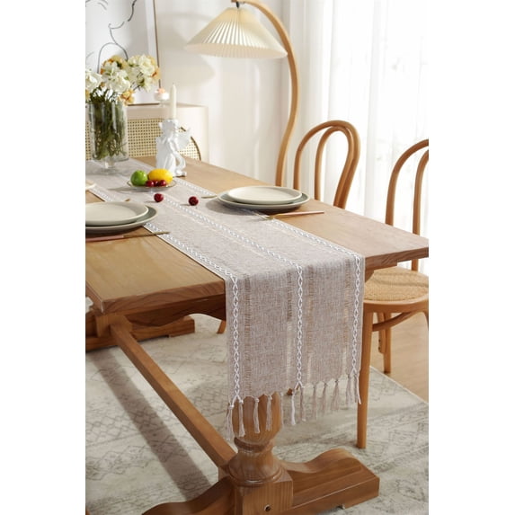 SEARIPE Rustic Table Runner with Tassels, Cotton Linen Boho Table Runner for Party Dining Home Decor Farmhouse Table Runners Khaki 13"x72"