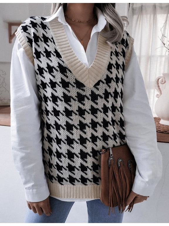 Women Houndstooth Print Knit Vest V-Neck Sleeveless Casual Loose Plaid Knit Sweater Jumpers Apricot L