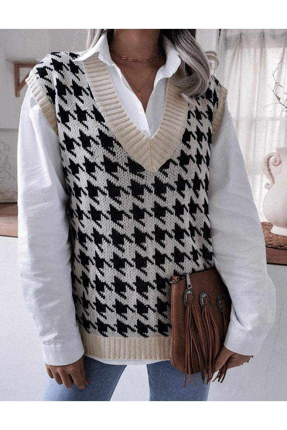 Women Houndstooth Print Knit Vest V-Neck Sleeveless Casual Loose Plaid Knit Sweater Jumpers Apricot L