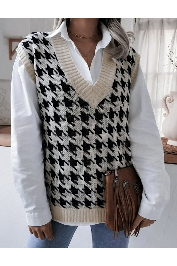 Women Houndstooth Print Knit Vest V-Neck Sleeveless Casual Loose Plaid Knit Sweater Jumpers Apricot S