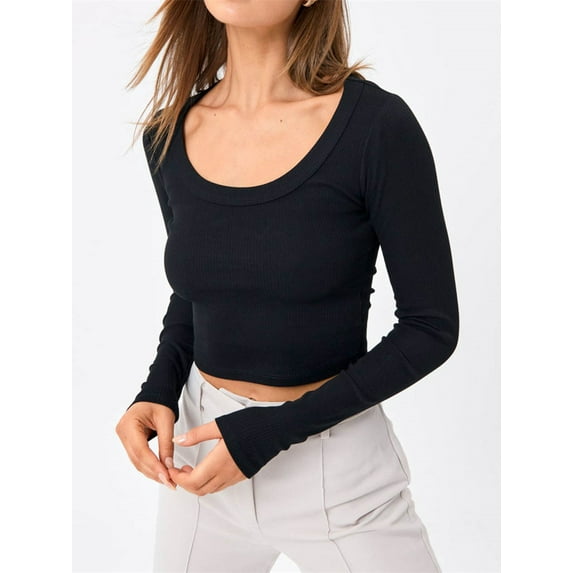 SEARIPE Women Slim Ribbed Knit Scoop Neck Crop Tee Long Sleeve Solid Crop Tops Sexy Fitted Cozy Black M
