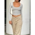 thumbnail image 1 of SEARIPE Women Slim Ribbed Knit Scoop Neck Crop Tee Long Sleeve Solid Crop Tops Sexy Fitted Cozy Gray M, 1 of 7