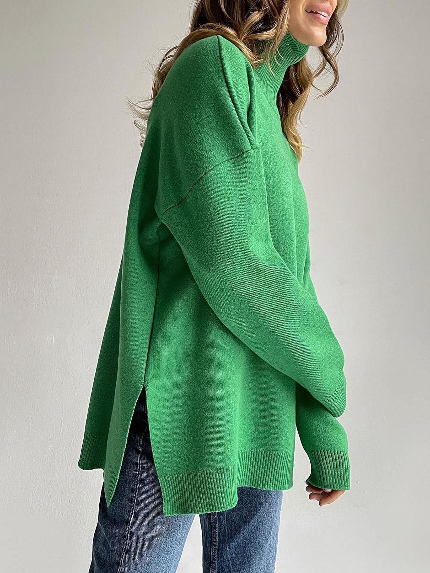 SEARIPE Women Solid Turtleneck Sweater Casual Long Sleeve Knitted Pullover Sweater Tops with Side Split Green M