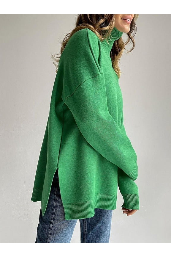 Women Solid Turtleneck Sweater Casual Long Sleeve Knitted Pullover Sweater Tops with Side Split Green M