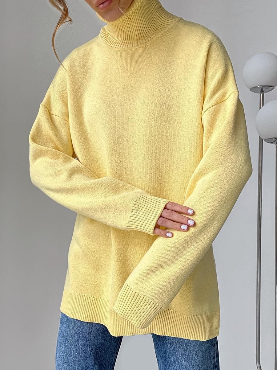 SEARIPE Women Solid Turtleneck Sweater Casual Long Sleeve Knitted Pullover Sweater Tops with Side Split Yellow S