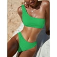 thumbnail image 1 of SEARIPE Women Textured One Shoulder High Waisted Bikini Swimsuit Green S, 1 of 6