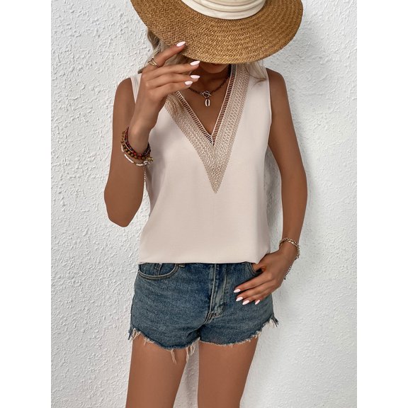 SEARIPE Women V Neck Cami Tank Top Sleeveless Guipure Lace Panel Casual Blouse Apricot M
