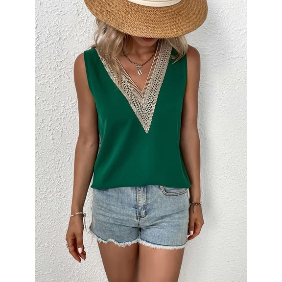 SEARIPE Women V Neck Cami Tank Top Sleeveless Guipure Lace Panel Casual Blouse Green L