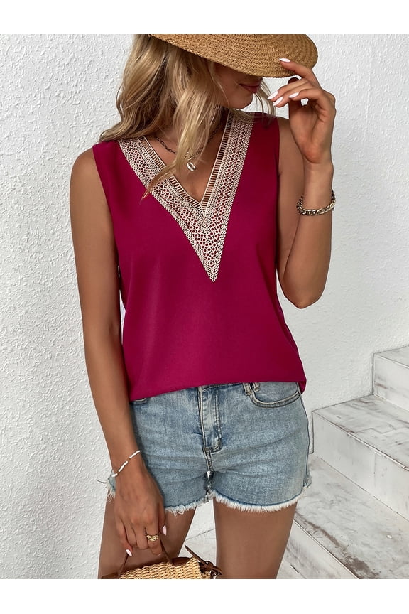 Women V Neck Cami Tank Top Sleeveless Guipure Lace Panel Casual Blouse Rose Red L