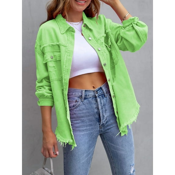 SEARIPE Women's Casual Denim Jacket Frayed Hem Ripped Long Sleeve Jean Jacket With Pockets Apple Green S