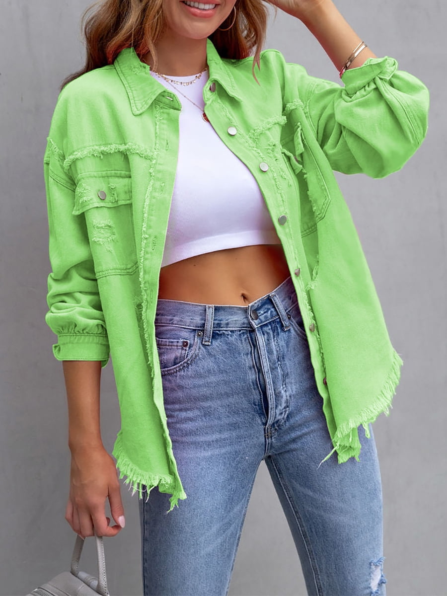 SEARIPE Women s Casual Denim Jacket Frayed Hem Ripped Long Sleeve Jean Jacket With Pockets Apple Green S Walmart