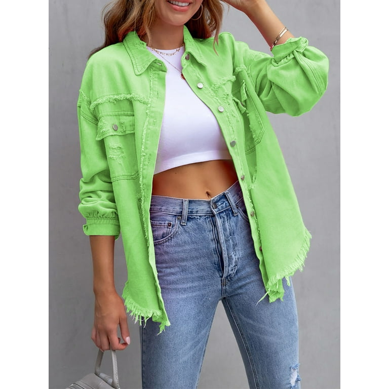 Searipe Women s Casual Denim Jacket Frayed Hem Ripped Long Sleeve Jean Jacket with Pockets Apple Green S Size Small