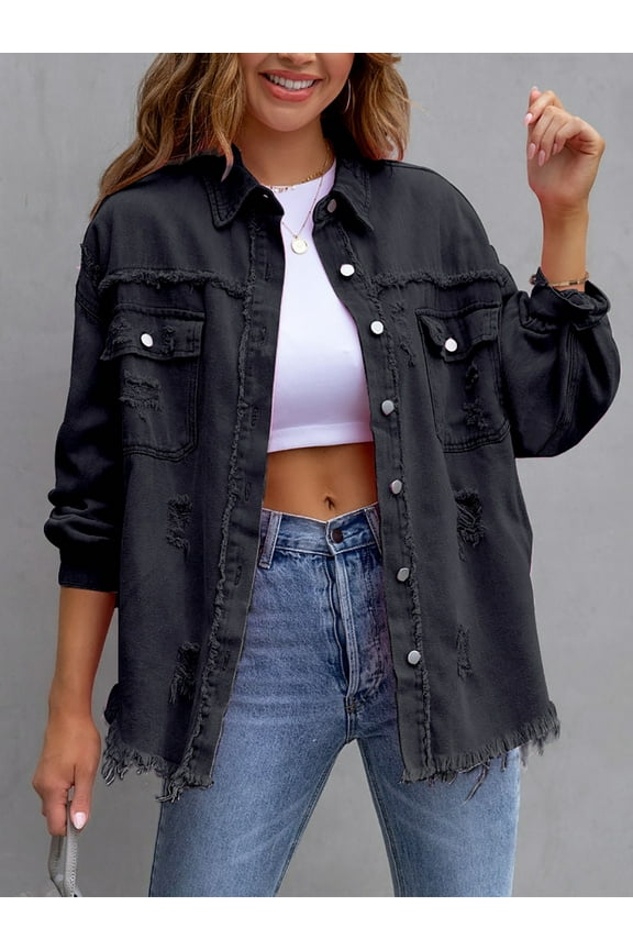 Women's Casual Denim Jacket Frayed Hem Ripped Long Sleeve Jean Jacket With Pockets Black L