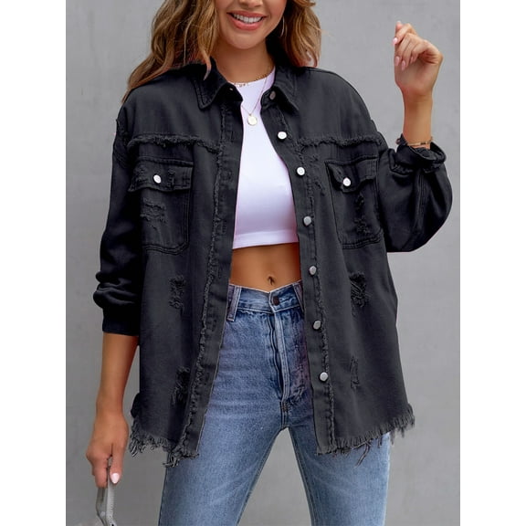 SEARIPE Women's Casual Denim Jacket Frayed Hem Ripped Long Sleeve Jean Jacket With Pockets Black M