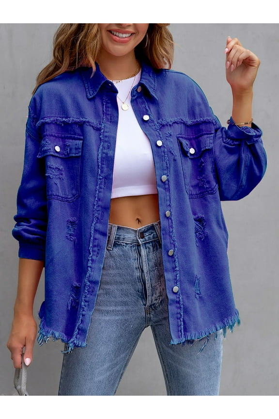 Women's Casual Denim Jacket Frayed Hem Ripped Long Sleeve Jean Jacket With Pockets Blue L