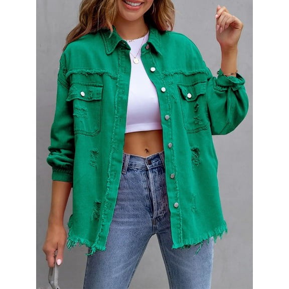 SEARIPE Women's Casual Denim Jacket Frayed Hem Ripped Long Sleeve Jean Jacket With Pockets Green M