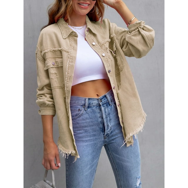 Searipe Womens Casual Denim Jacket Frayed Hem Ripped Long Sleeve Jean Jacket With Pockets Khaki 2189