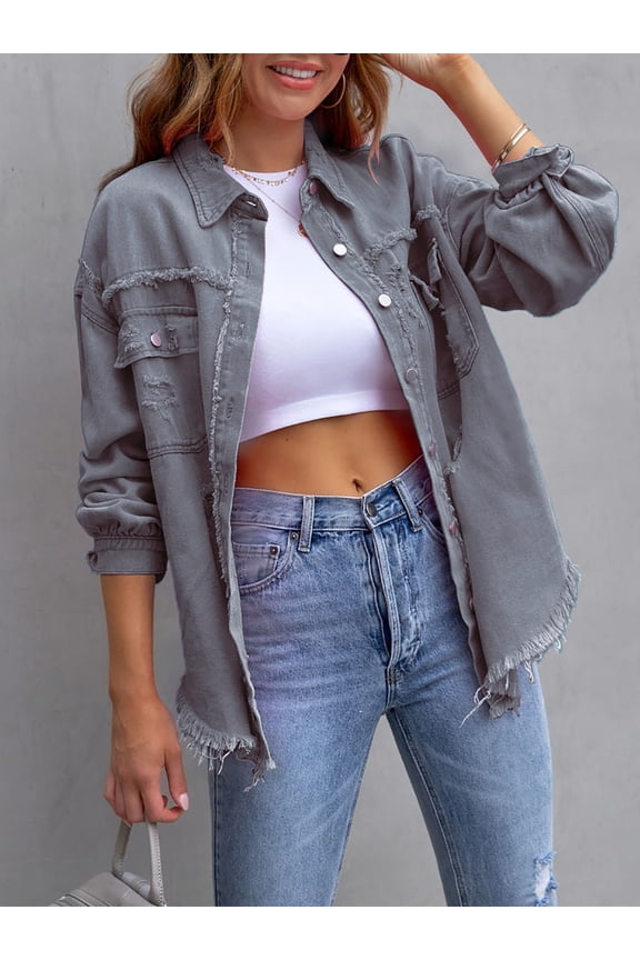 Women's Casual Denim Jacket Frayed Hem Ripped Long Sleeve Jean Jacket With Pockets Light Grey XL