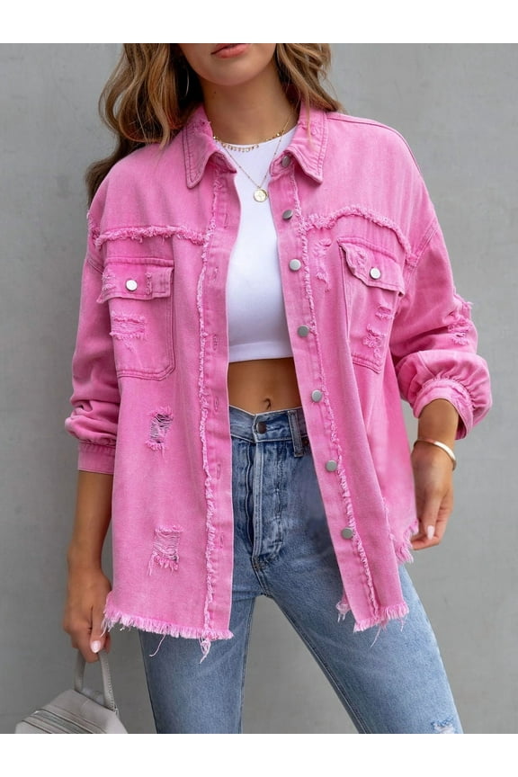 Women's Casual Denim Jacket Frayed Hem Ripped Long Sleeve Jean Jacket With Pockets Pink L