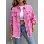 SEARIPE Women's Casual Denim Jacket Frayed Hem Ripped Long Sleeve Jean Jacket With Pockets Pink M