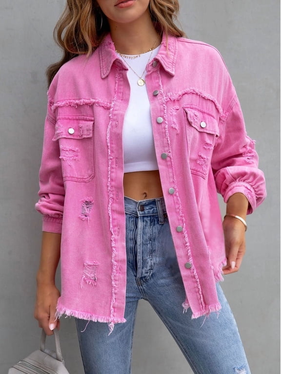 Women's Casual Denim Jacket Frayed Hem Ripped Long Sleeve Jean Jacket With Pockets Pink XL