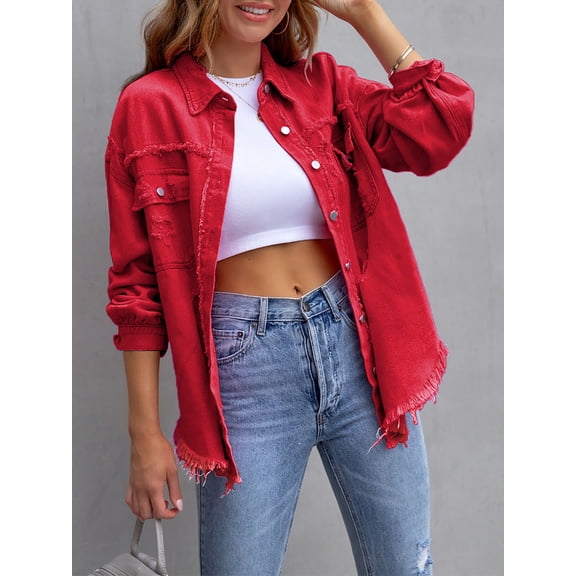 SEARIPE Women's Casual Denim Jacket Frayed Hem Ripped Long Sleeve Jean Jacket With Pockets Red XL