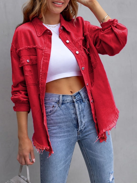 Women's Casual Denim Jacket Frayed Hem Ripped Long Sleeve Jean Jacket With Pockets Red XL
