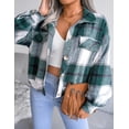 thumbnail image 1 of SEARIPE Women's Casual Plaid Fleece Crop Shirt Jacket Shacket Long Sleeve Button Lapel Jacket Coat with Pockets Green XS, 1 of 5