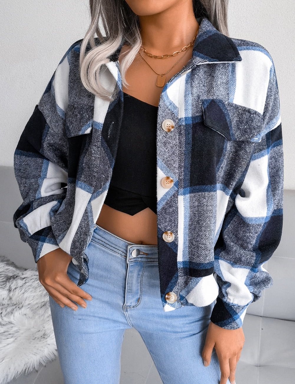 SEARIPE Women's Casual Plaid Fleece Crop Shirt Jacket Shacket Long