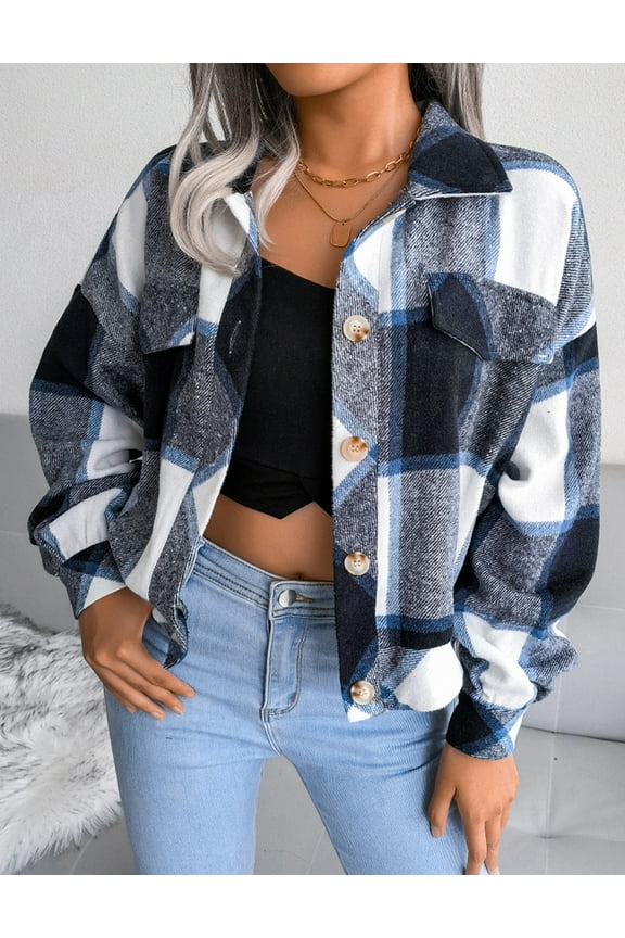 Women's Casual Plaid Fleece Crop Shirt Jacket Shacket Long Sleeve Button Lapel Jacket Coat with Pockets Navy Blue XS