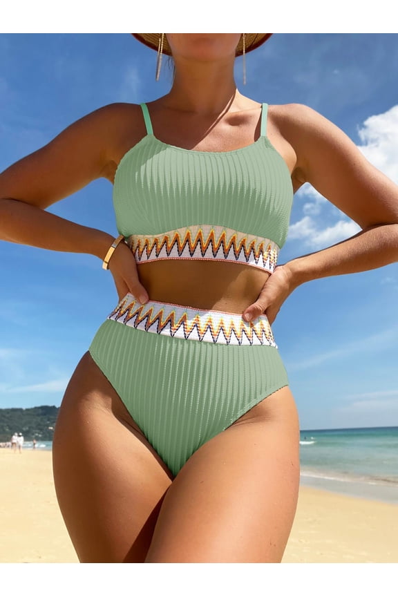 Women's Contrast Trim High Waist Ribbed Cami Bikini Sets Chevron Tape Two Piece Bikini Swimsuit Sets Light Green M