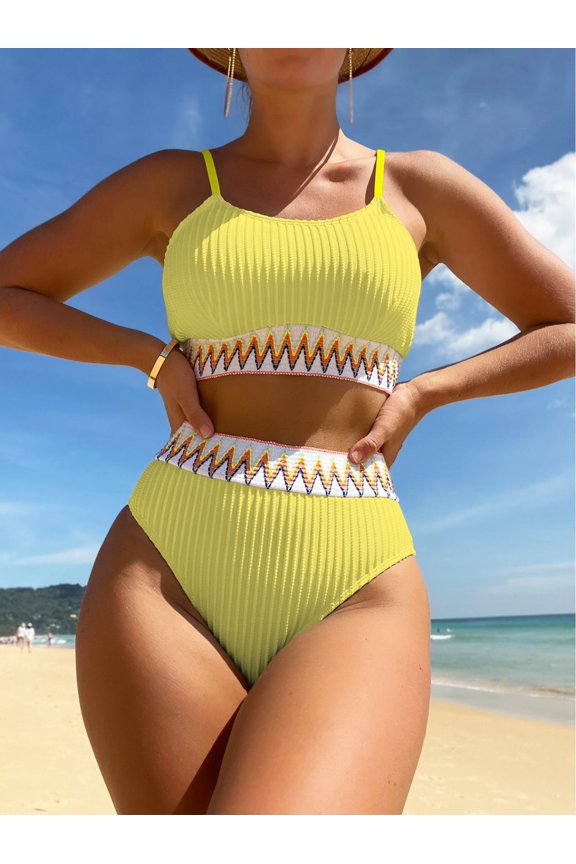 Women's Contrast Trim High Waist Ribbed Cami Bikini Sets Chevron Tape Two Piece Bikini Swimsuit Sets Yellow M