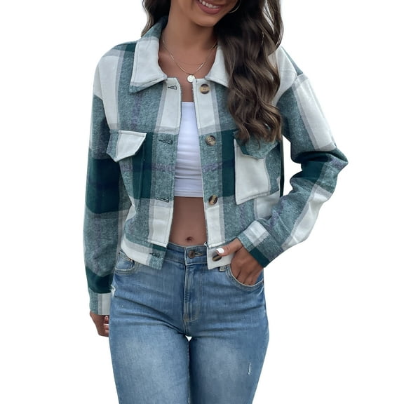 SEARIPE Women's Cropped Plaid Shacket Jacket Button Down Long Sleeve Flannel Shirt Jacket Coat Green XL
