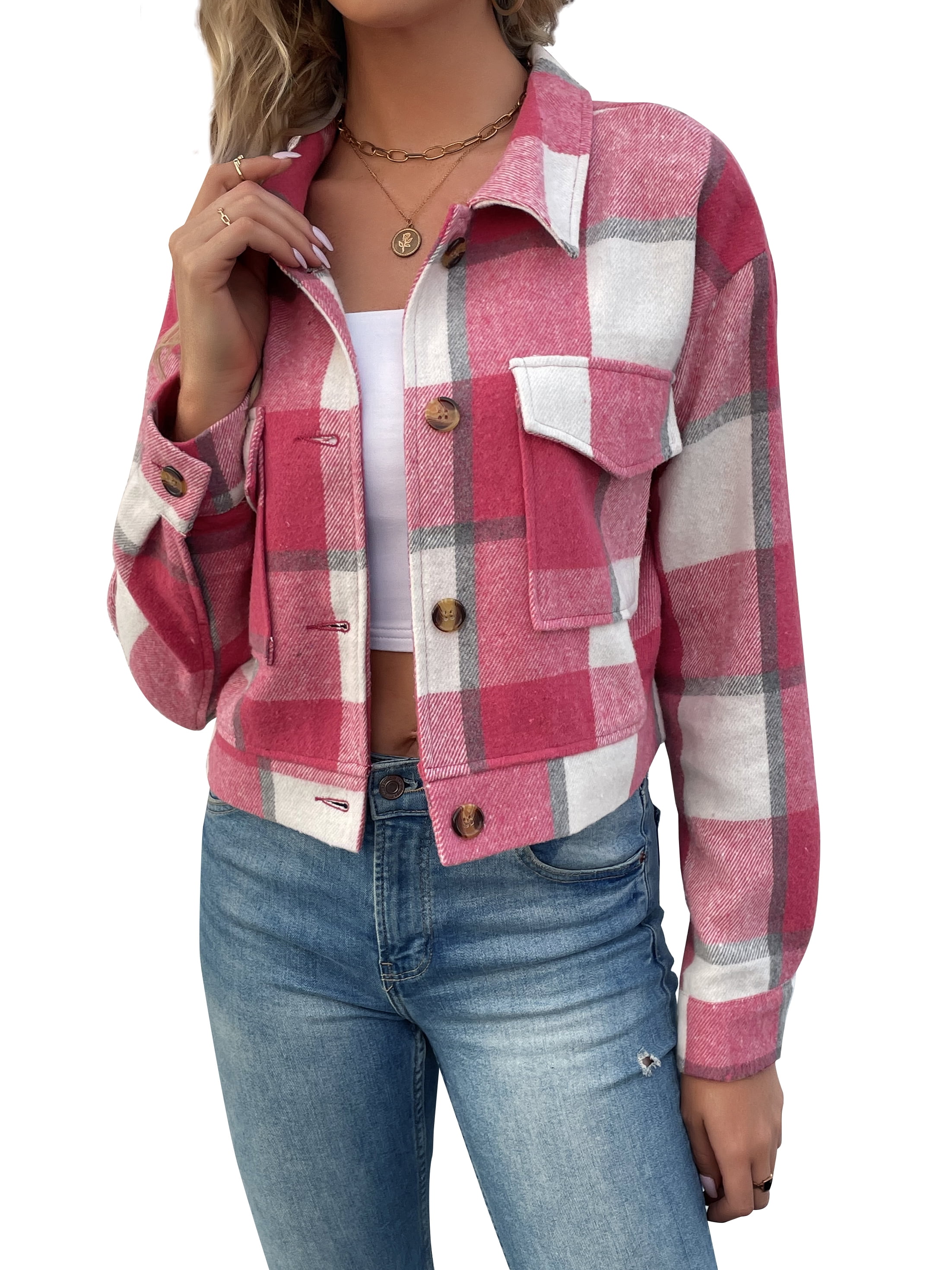 SEARIPE Women's Cropped Plaid Shacket Jacket Button Down Long Sleeve ...