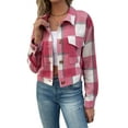 thumbnail image 1 of SEARIPE Women's Cropped Plaid Shacket Jacket Button Down Long Sleeve Flannel Shirt Jacket Coat Hot Pink S, 1 of 7