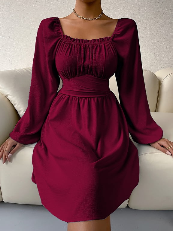 Women's Long Sleeve Plain Square Neck Ruched High Waist Dress Lace-up Casual Elegant Midi Dresses Burgundy Red M