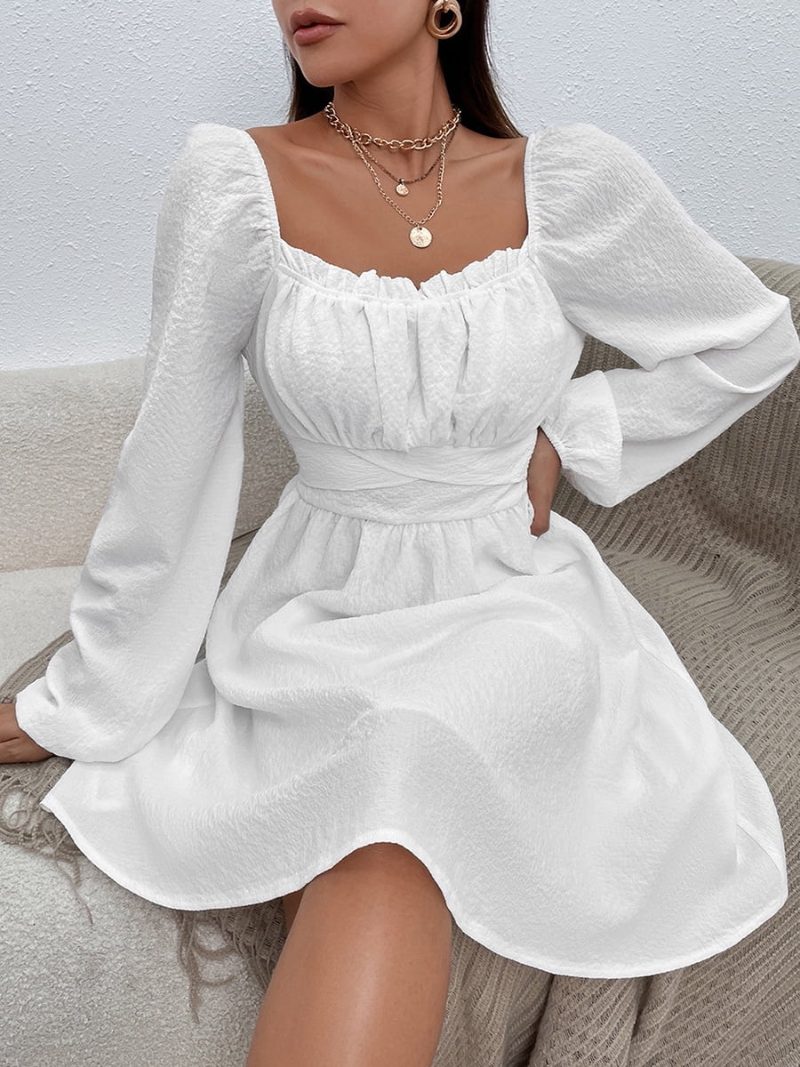 SEARIPE Women's Long Sleeve Plain Square Neck Ruched High Waist Dress  Lace-up Casual Elegant Midi Dresses White L 