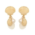 thumbnail image 1 of Time and Tru Women’s Gold Tone Metal Drop Earrings Faux Pearl Shell Dangle Design, 1 of 6