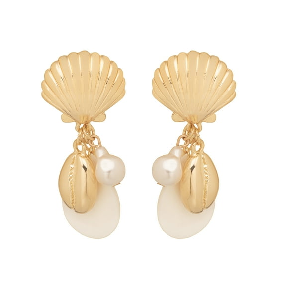Time and Tru Women’s Gold Tone Metal Drop Earrings Faux Pearl Shell Dangle Design