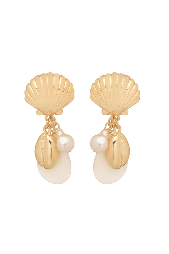 Women's Gold Tone Metal Drop Earrings Faux Pearl Shell Dangle Design