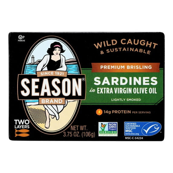 SEASON Brand Wild Caught Brisling Sardines in Extra Virgin Olive Oil, 2 Layers - 3.75 Oz, 12 Pack