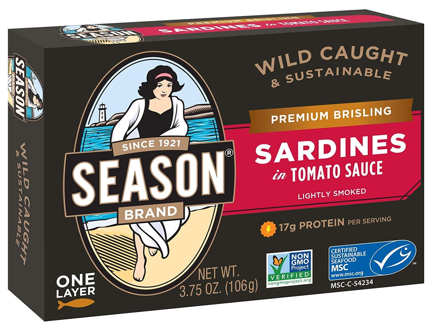 SEASON Brand Wild Caught Brisling Sardines in Tomato Sauce - 3.75 Oz, 12 Pack