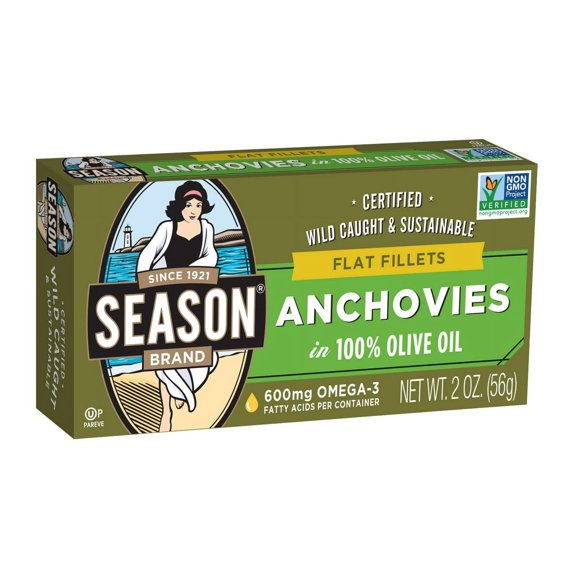 SEASON Brand Wild Caught Flat Anchovies in Olive Oil - 2 Oz, 12 Pack