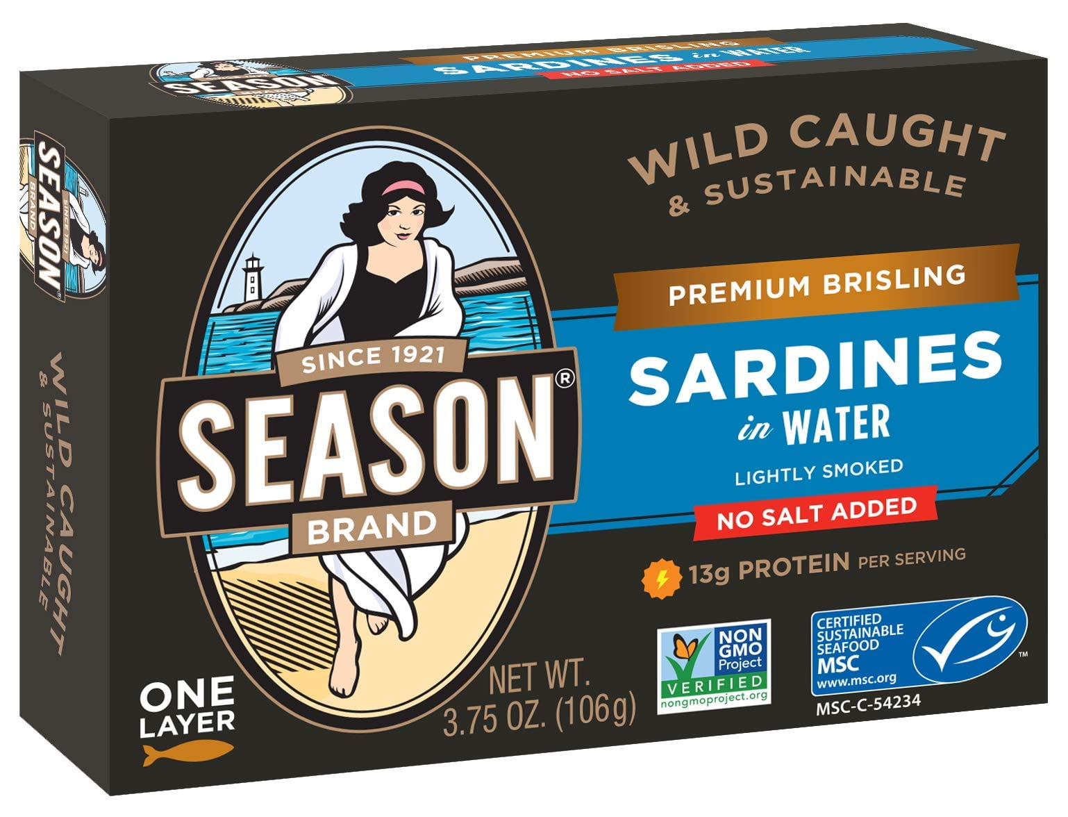 SEASON Wild Caught Brisling Sardines in Water, No Salt Added - 3.75 Oz, 12 Pack