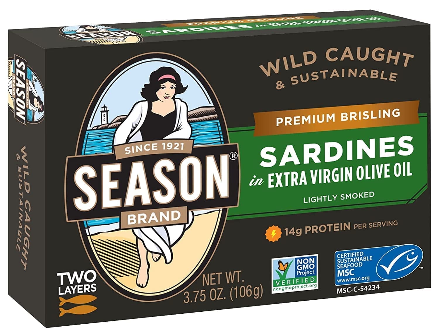 SEASON Wild Caught Cross-Packed Brisling Sardines in Pure Olive Oil, Two Layers - 3.75 Oz, 12 Pack