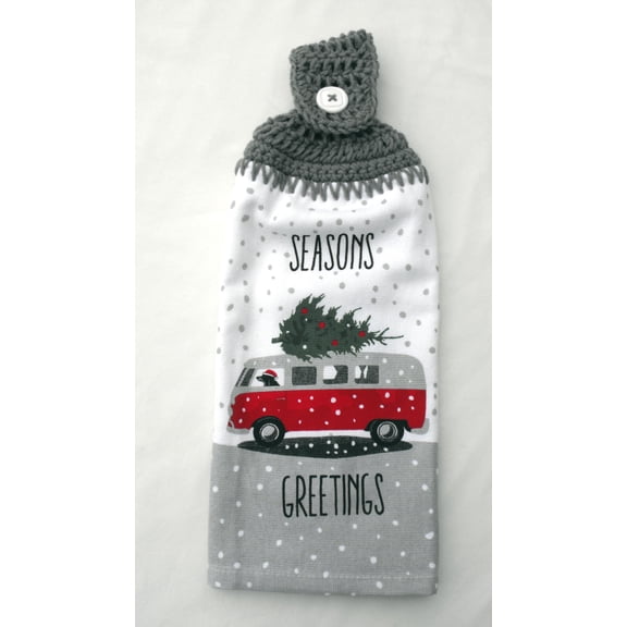 SEASONS GREETING - CHRISTMAS DOG & VAN WITH TREE - HANDMADE DOUBLE THICK/FULL HANGING KITCHEN TOWEL