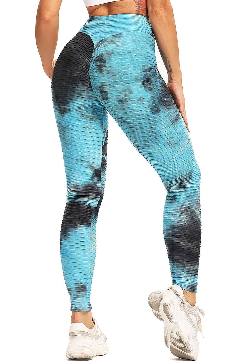 SEASUM Women's Butt Lift Yoga Leggings Tummy Control Tie Dyed Athletic  Pants Textured Workout Running Tights Black+Blue L 